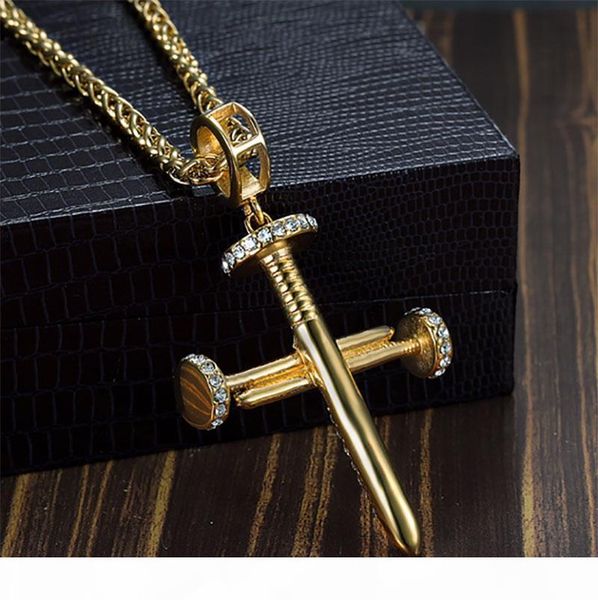 

e men 's hip hop necklace nail cross cz crystal gold plated stainless steel pendant box chain 24 &quot ;fashion necklace, Silver