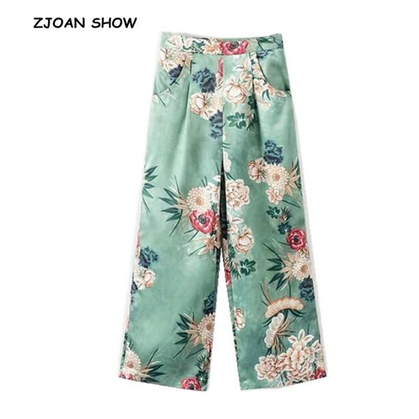 

ethnic green floral print wide leg pants women vintage flower print ankle length trousers femme casual loose long pants, Black;white
