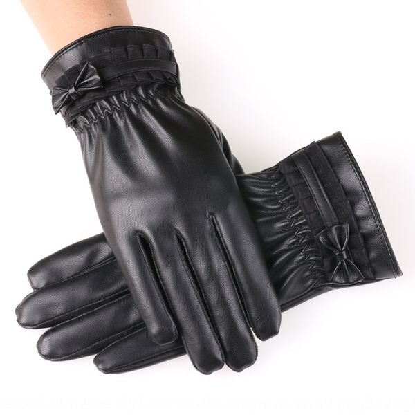 

new winter warm lace women's pu outdoor riding touch screen gloves velvet warm bow lace gloves