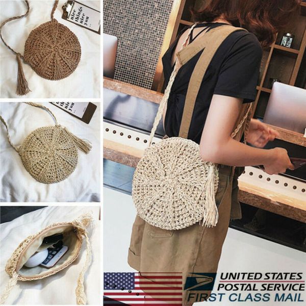

1pc new women tassels round crossbody shoulder bag beach circular rattan wicker zipper straw woven basket tote bag straw bags