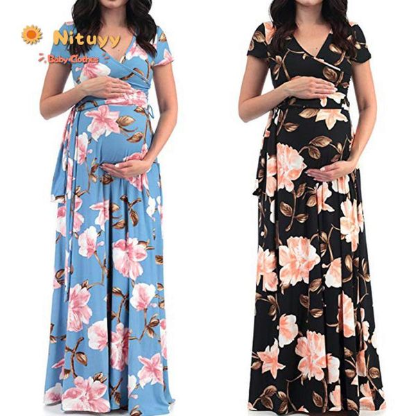 

2020 summer new plus size maternity dresses clothes for pregnant women short sleeve v neck pregnancy floral print, White