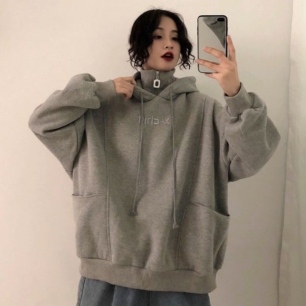 

women's hoodies & sweatshirts 2021 autumn winter oversize turtleneck windproof large pocket pullover female hooded thick warm sweatshir, Black