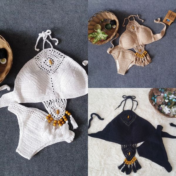 

2020 swimsuit bikini new women's swimsuit beach sunshine bath handmade crochet tassel split bikini, White;black