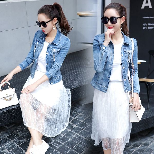 

new long-sleeved korean-style denim short slim-fit printed denim coat fashionable all-match short coat for women, Black;brown