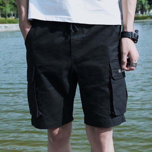 

2020 summer comfortable men's cargo shorts 100%cotton multiple pockets yuni printing thin straight-leg pants, White;black