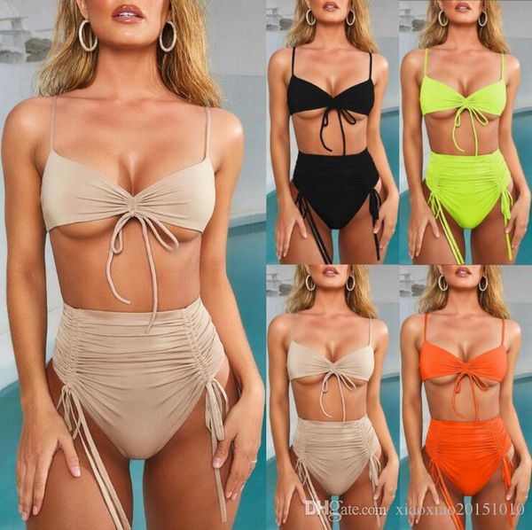 

women bikini swimsuit 2020 halter cut korea swimwear solid 2 pieces summer bikini beach wear girls bathing suits 209, White;black