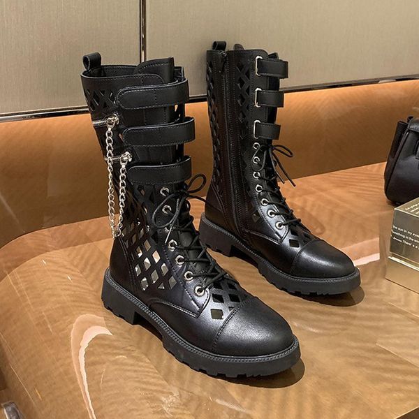 

woman casual lace up sandals boots mujer dropshipping vintage hollow out mid calf boots women chain square heel shoes, Black