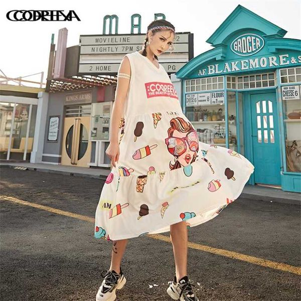 

women summer sweet cute print a-line loose long dress v-neck sleeveless dresses female personalized tide brand leisure dress, Black;gray