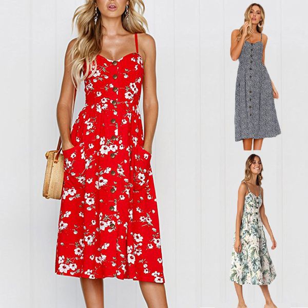 

summer suspender dress v neck backless floral women white boho striped button sunflower daisy pineapple party midi dresses
