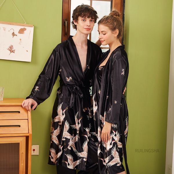 

mens silk satin pajamas pyjamas set sleepwear set loungewear male pijama sleepwear leisure home clothing women casual home wear, Black;brown