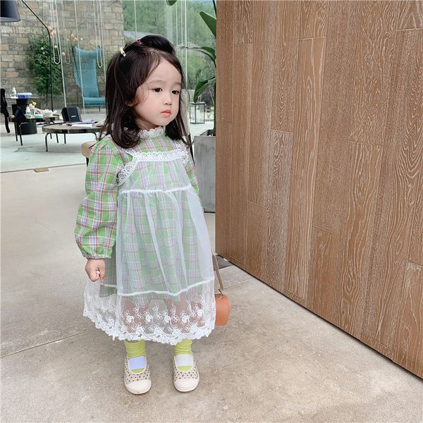 

2020 new wholesale girls 2 pcs set plaid dress+lace dress autumn fashion girls suits 1-6 years, White