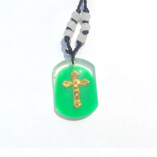 

k real 14 k fine yellow solid gold jesus crucifix multi -color inlaid with jade glaze cross religious pendant black rope, Silver
