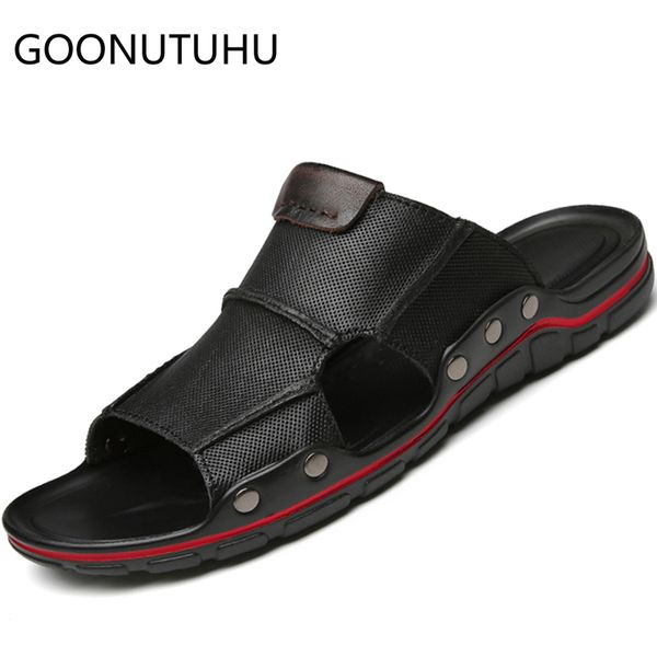 

2020 new men's slippers casual genuine leather shoes male big size 38-47 outside beach slipper man flat outdoor slippers for men, Black