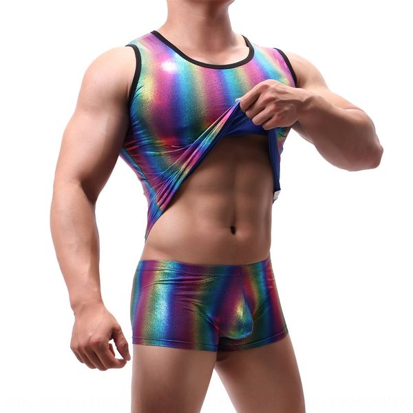 

nylon men' underwear vest gymnastics vest rainbow personalized leisure high elastic gymnastics clothing round neck underwear, White;black