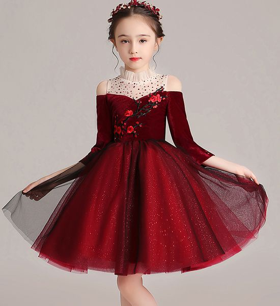 

lovely wine velvet/tulle short flower girls' dresses girl' brithday dresses girls' formal dress holiday dresses custom sz 2, White;red