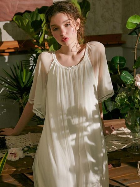 

women's sleepwear summer white modal gauze vintage long nightgowns short sleeve royal female princess loose plus size, Black;red