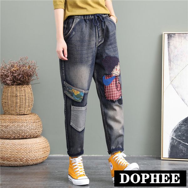 

2020 autumn new women's loose jeans pants cartoon patch washing elastic high waist straight-leg denim pants women large size, Blue