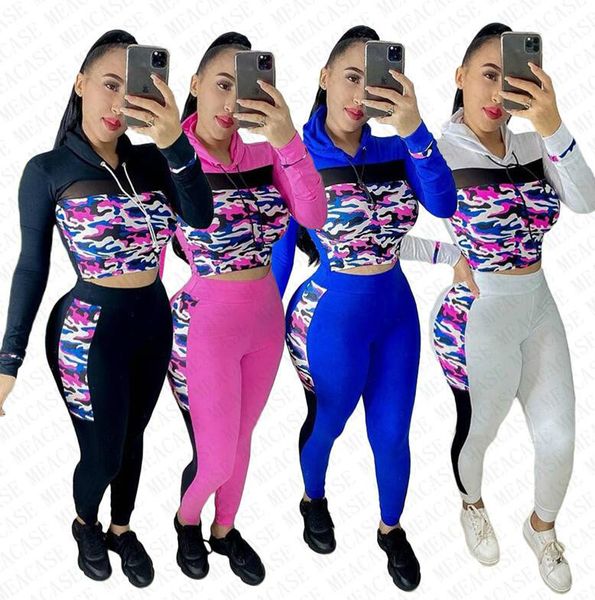 

весна осень женщина из двух частей эпикировки дизайнер камуфляжа сетки лоскутного капюшон crop top брюки поножи костюм мода спорт tracksuit, White