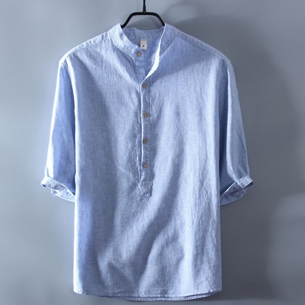 

male pullover shirts casual short sleeve cotton linen shirt men casual fashion striped stand collar shirt man, White;black