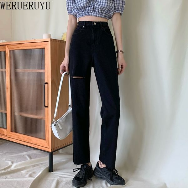 

werueruyu autumn and winter new wild cowboy wash high waist jeans womenstreet hole casual wide leg women, Blue