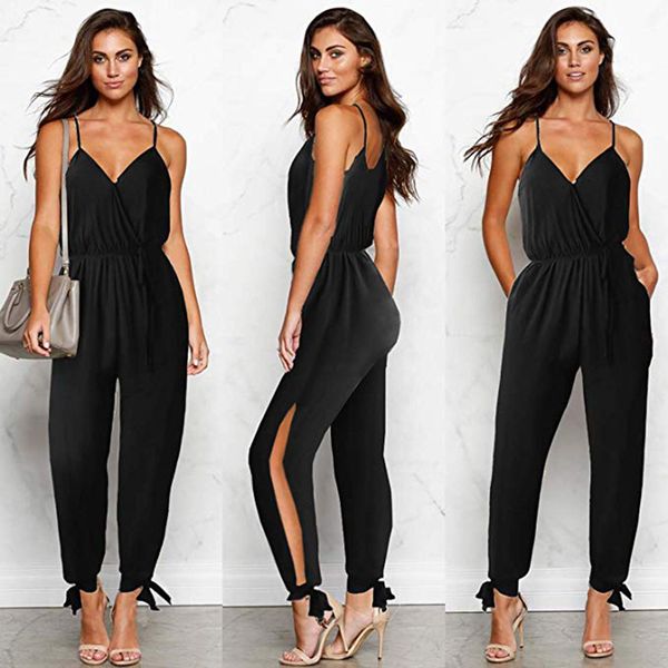 

2019 spring deep v-neck backless fashion rompers women lace up drawstring cotton long pant summer black plus size jumpsuit, Black;gray