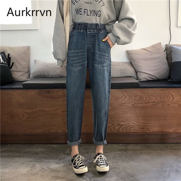 

aurkrrvn casual elastic waist harem pants jeans womens loose solid long jeans trousers woman stretch tapered carrot denim, Blue