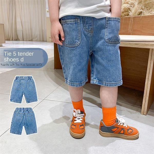 

2020 new fashion korean style children's denim thin outer wear coat shorts and shorts five-legged pants double bag, Blue