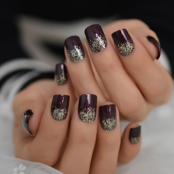 

false nails dark claret-colored shimmer glitter fake full cover square press on artificial uv nail manicure glue sticker, Red;gold