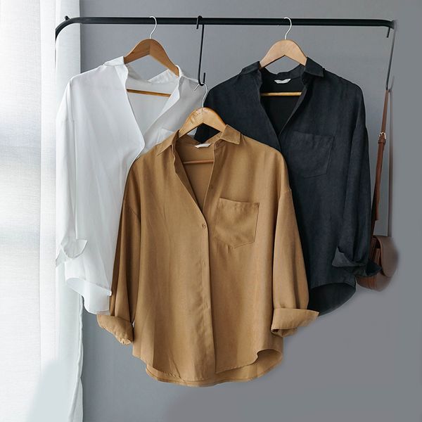 

new fashion white blouse women suede long sleeve formal shirt 2020 spring lapel ladies blouse streetwear