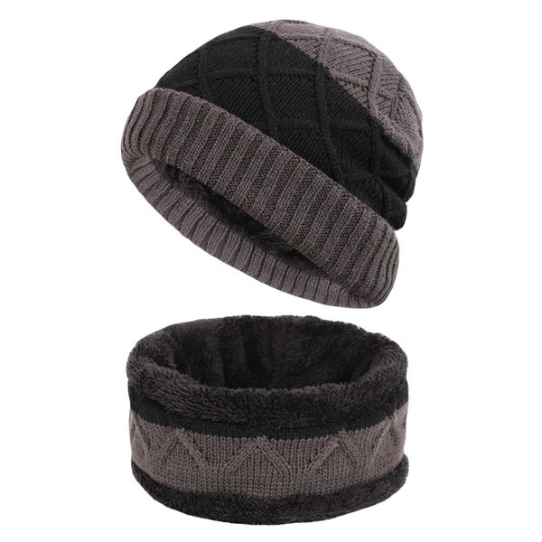 

winter outdoor warm plush velvet lining hat scarf suit casual bonnet winter hat scarf suit knit snow ski men and women, Black