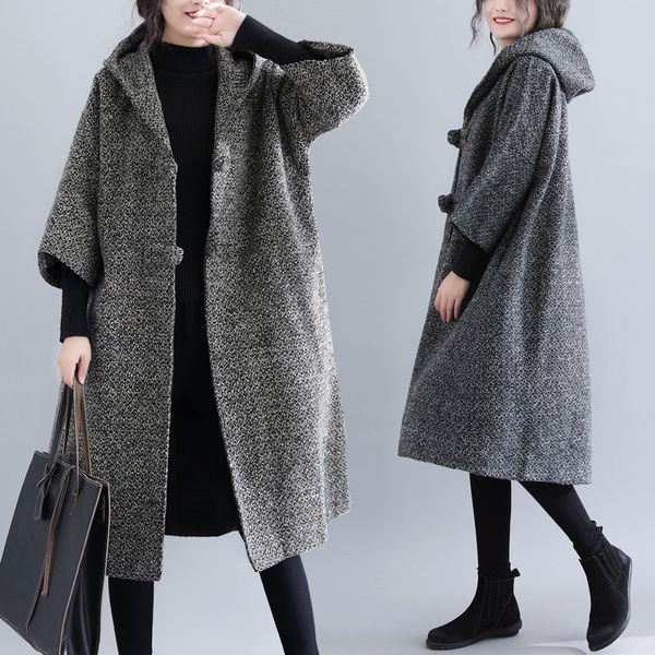 

fat and large women's winter coat medium length loose and thickened hooded button up 7 / 4 sleeve woolen coat, Black