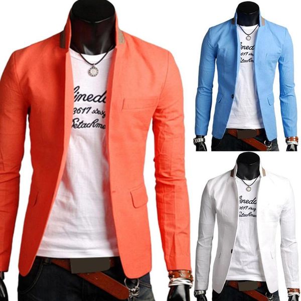 

men autumn solid color lapel collar button pockets decor business coat blazer, White;black
