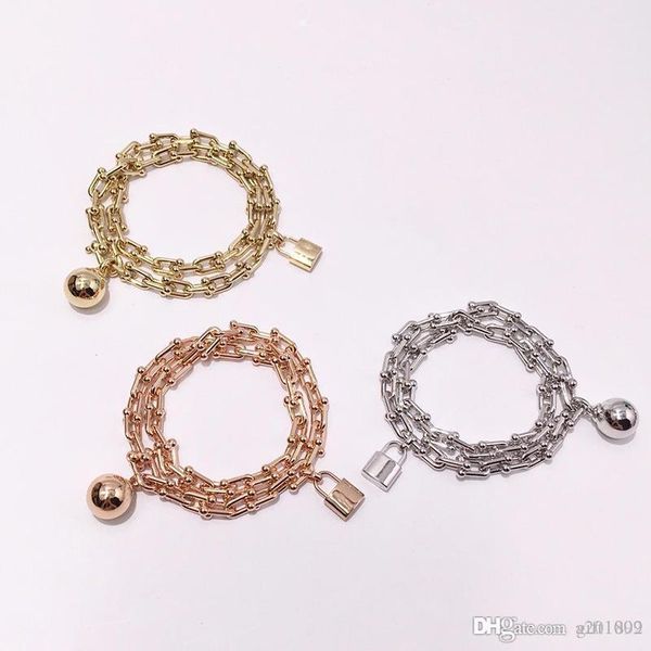 

titanium steel jewelry t letter u-shaped chain lock ball hanging double-wound bracelet, Black