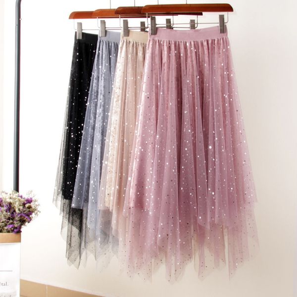 

autumn starry tulle velvet patchwork a line irregular long skirt elastic high low galaxy mesh mid calf pleuche pleated skirts, Black