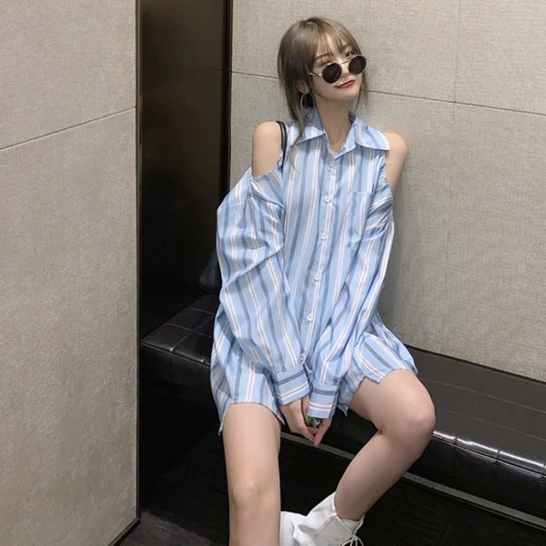 

2020 new design sense off-shoulder striped loose slimming all-match chiffon irregular midi shirt for women, White