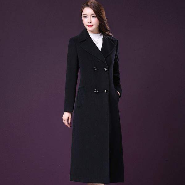 

удлиненная ванна пальто шерсти wool осени и зимой новый двубортный приталенный над коленом шерстяного пальто, Black