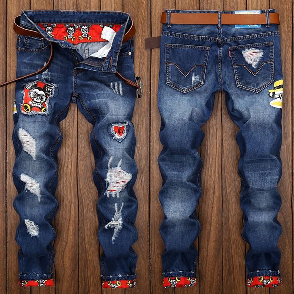 

men's jeans hole dark blue washed personality straight trend patch youth retro trousers demin men jeans-ker001