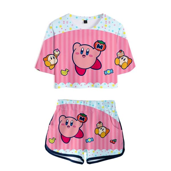 

casual popular summer kirby 3d t shirts new women's two-piece exposed navel t-shirt + short pants women's girl's set, White