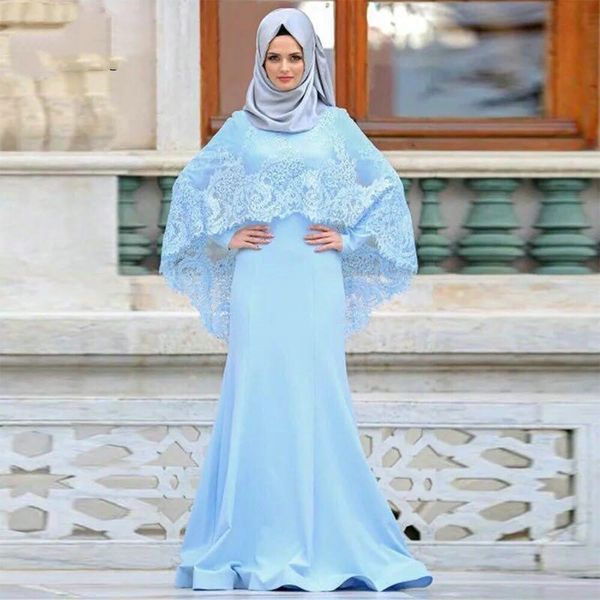 

light sky blue 2020 arabic muslim mermaid prom dresses with lace appliques cape long sleeves formal evening party gowns vestidos de gala, Black;red