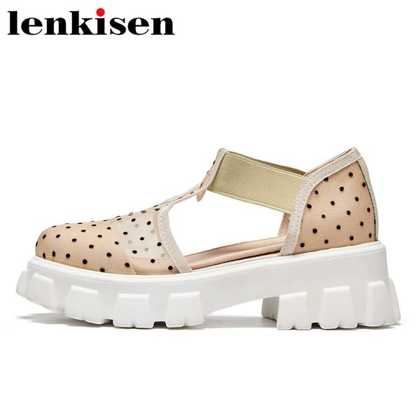 

lenkisen 2020 summer sunscreen shoes women air mesh polka dot round toe high heels thick bottom korean street girls sandals l12, Black