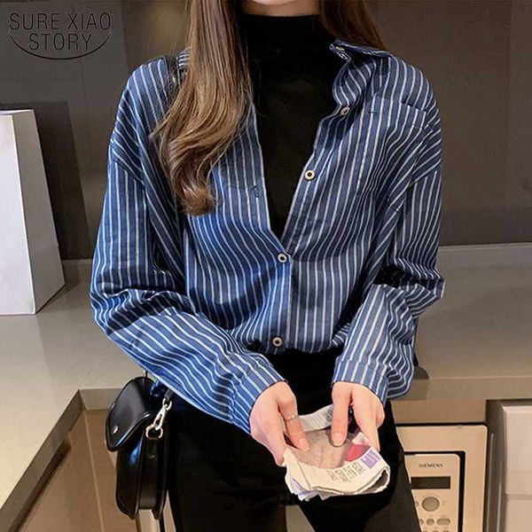 

women's blouses & shirts female korean loose long sleeve blouse women blue striped shirt pocket 2021 autumn casual style blusas 10429, White