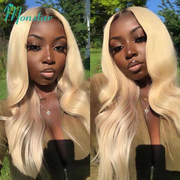 

monstar 1b 613 blonde body wave ombre wig pre plucked bleached knots wigs bang brazilian remy human hair lace front wigs women, Black