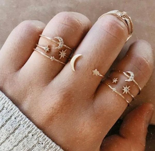 

7pcs/set boho style ring sets for women wedding band zircon crystal finger rings party gifts vintage gold plated moon star ring jewelry set, Silver