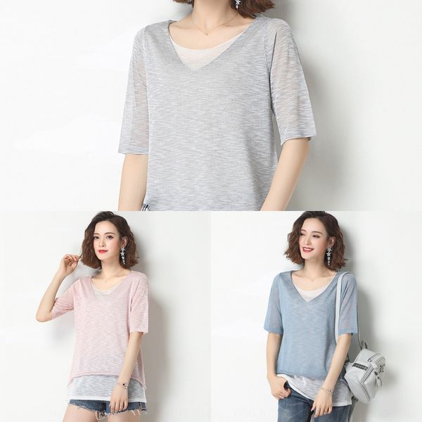 

fycuz ice шелковой середины рукава тонкого рыхлые поддельной из двух частей одежды лета 2020 нового похудения большого выпуска t-рубашка жен, White