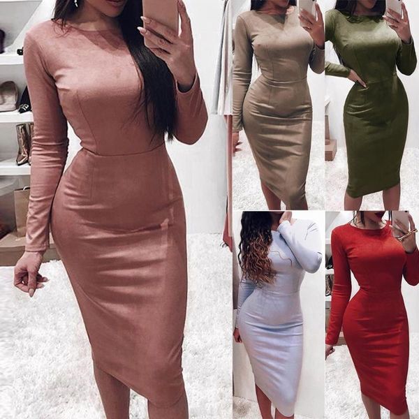 

new fashion women tight long sleeve solid color o-neck dress long soild color party dress woman vestidos, Black;gray
