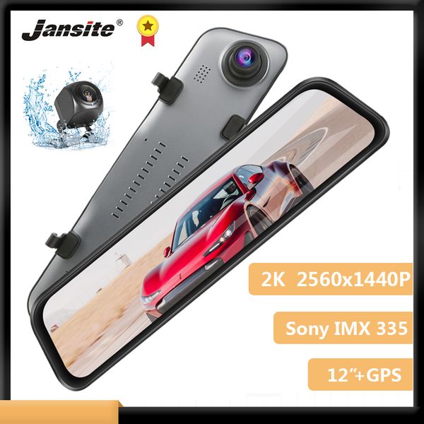 

jansite 12" car dvr touch screen stream media 2k ultra hd car dash cam mirror gps track playback dual lens recorders rear camera