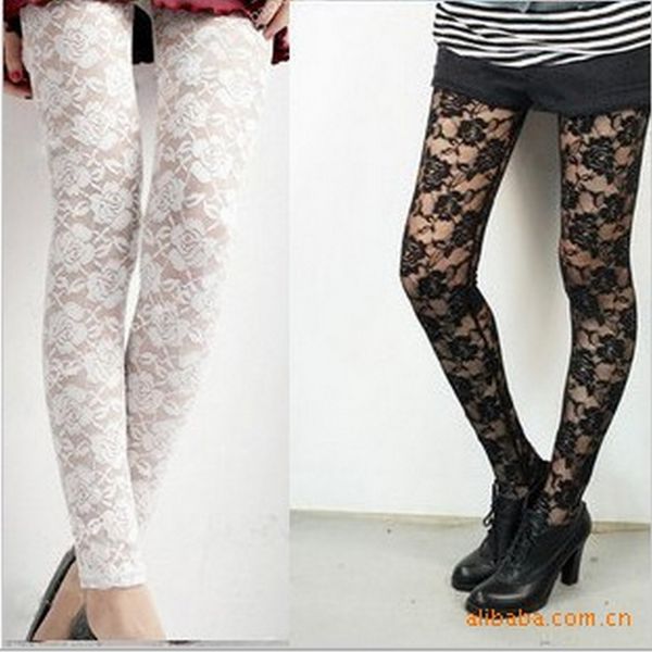

new thin black and white rose 9 points lace tight tight pants lace tightsleggings ankle-length pants, Black;white