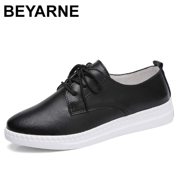 

beyarne women lace leather flat shoes 2020 spring leather round toe shoes fashion platform white moccasinsl052, Black