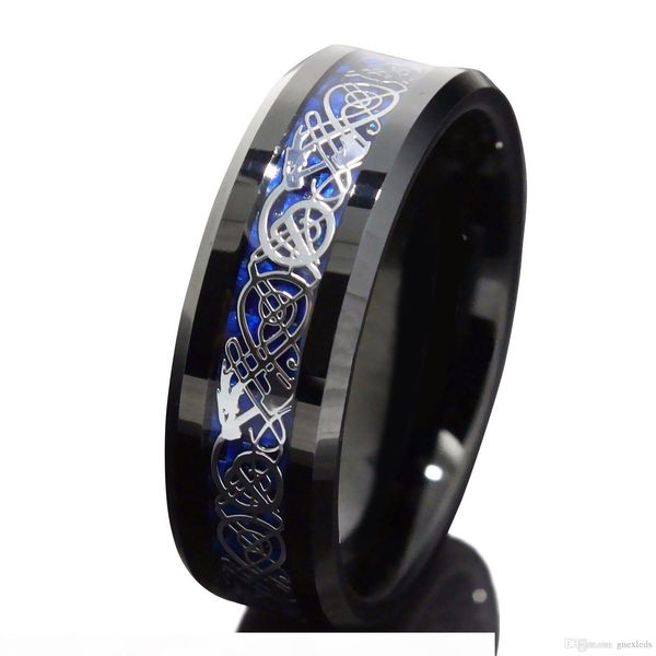 

8mm black tungsten carbide engagement ring silvering celtic dragon blue carbon fibre wedding band mens fashion jewelry us size 6-13, Slivery;golden