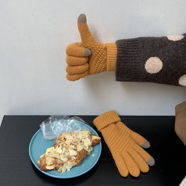 

9czdb yellow silk jacquard knitted touch screen women 2019 winter korean style warm plus velvet finger women' warm jacquard gloves glo, Blue;gray